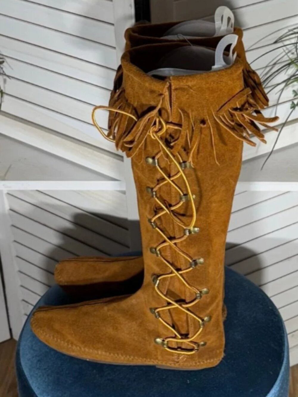 Vintage 70s Moccasin Suede Leather Brown Knee High Boots - Tan - Size 9